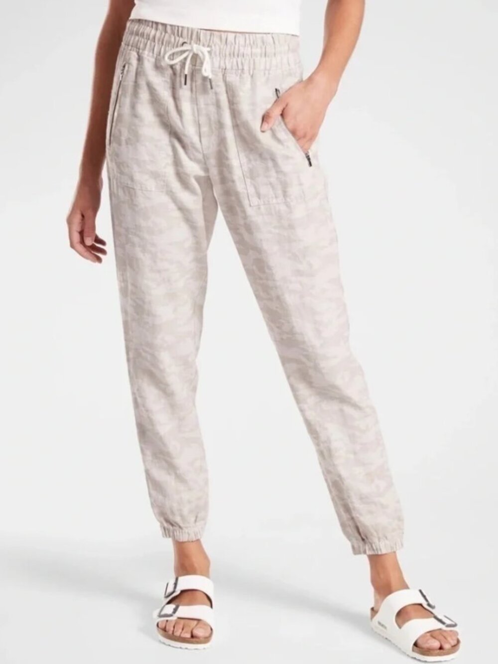 Athleta Cabo Tide Linen Jogger Pants Camo Tan Beige 6